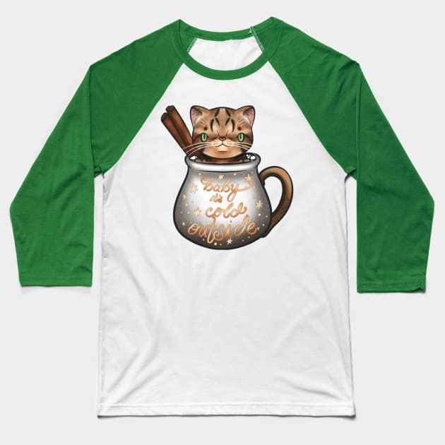 “Baby it’s cold outside” Cinnamon the tabby cat in a teacup for Christmas Baseball T-Shirt by SamInJapan